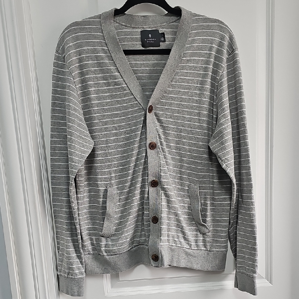 Classic Gray Striped Cardigan Sweater